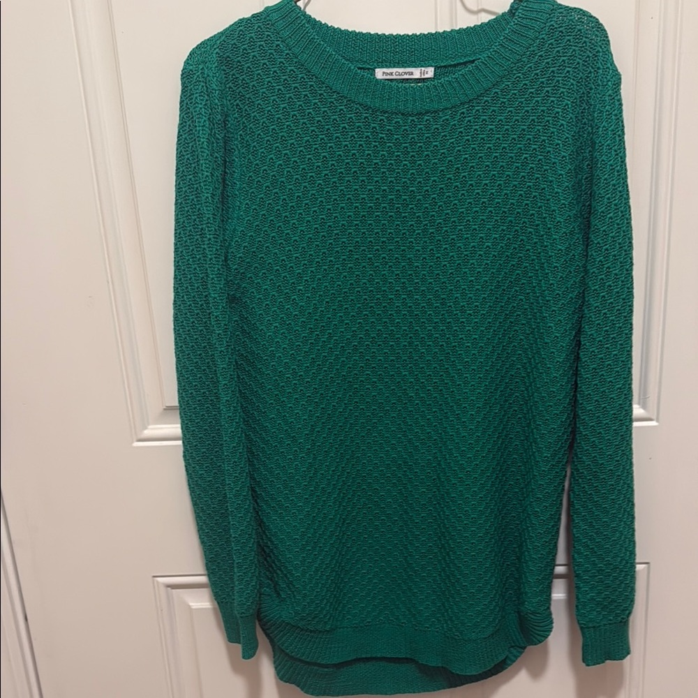 Pink Clover Green Crew Neck Sweater with Textured Knit